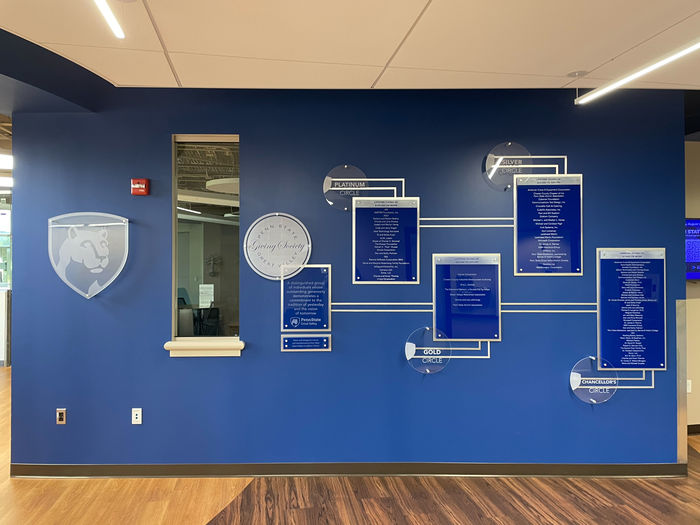 Penn State Great Valley Giving Society Donor Wall plaques hanging on a wall