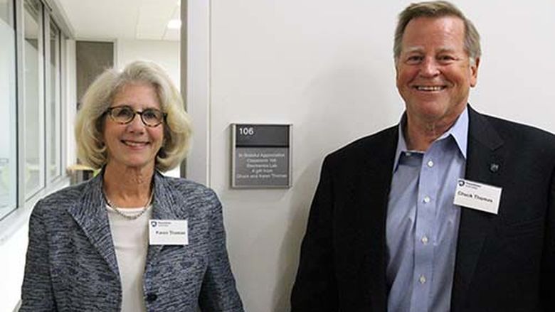 Chuck and Karen Thomas outside the Electronics Lab at Penn State Great Valley