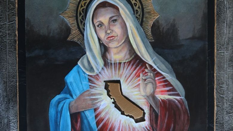 A painting of a woman with a glowing outline of the State of California in front of her