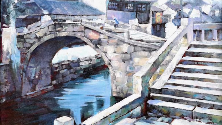 A painting of a stone bridge