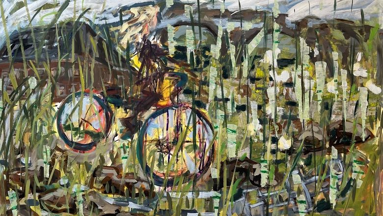 An abstract painting of a person riding a bicycle through nature