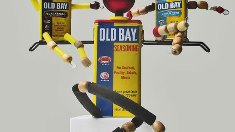 A sculpture made of Old Bay tins