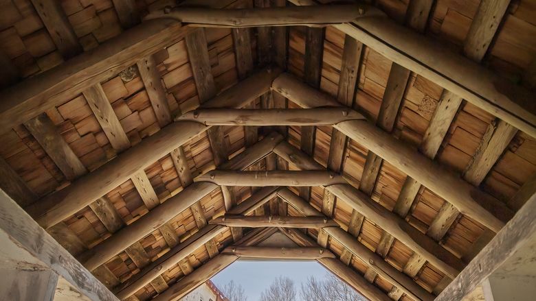 Inside of a wooden roof