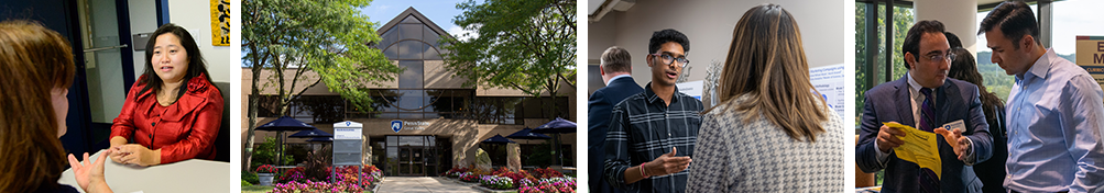 Collage of campus photos: A woman facing the camera while talking to another woman, Penn State Great Valley's Main Building surrounded by trees and flowers, a man explaining his research poster to a woman, and two men talking and looking at a piece of paper