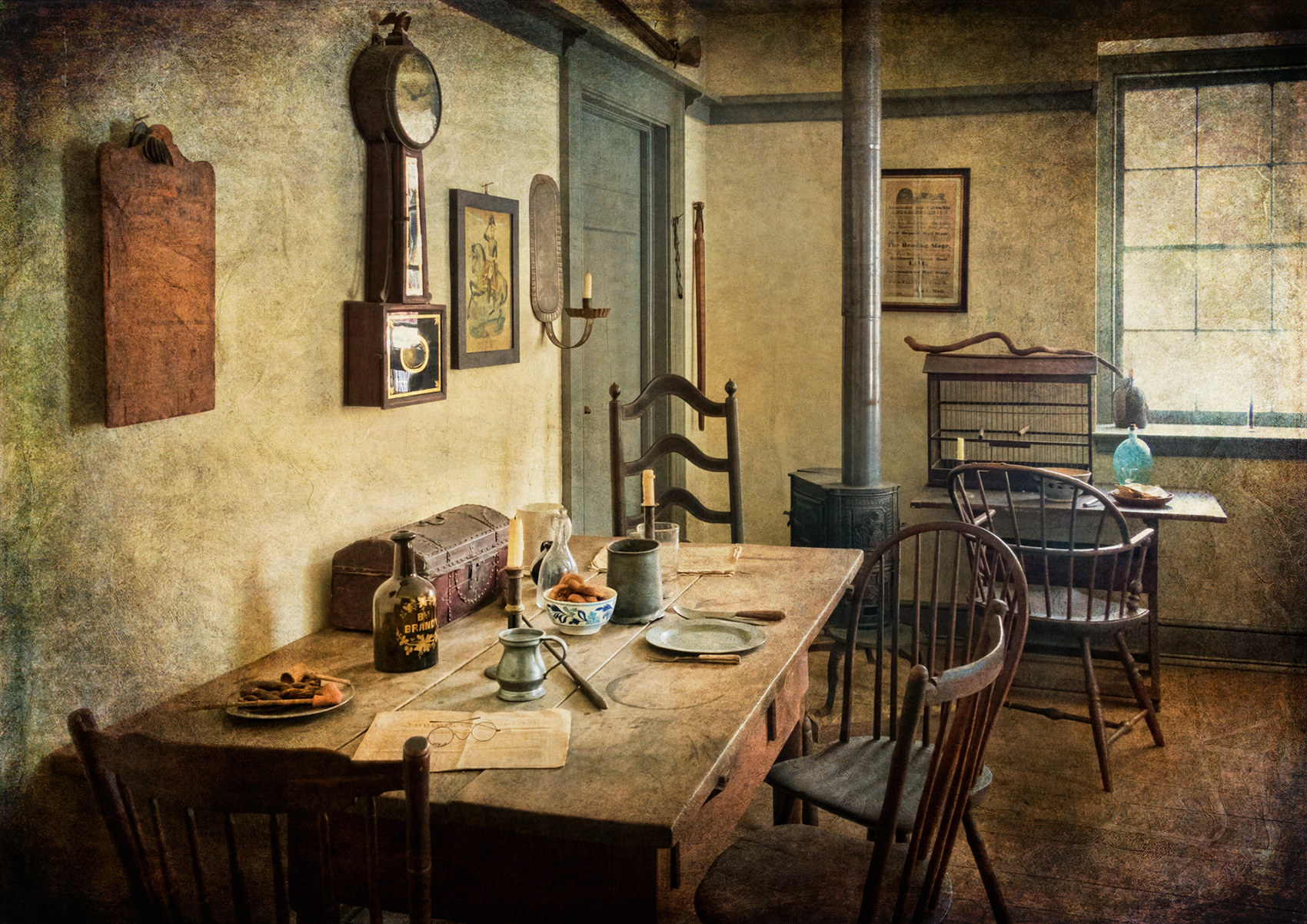 A dining room with older wooden furniture