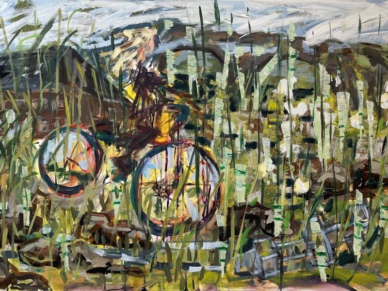 An abstract painting of a person riding a bicycle through nature