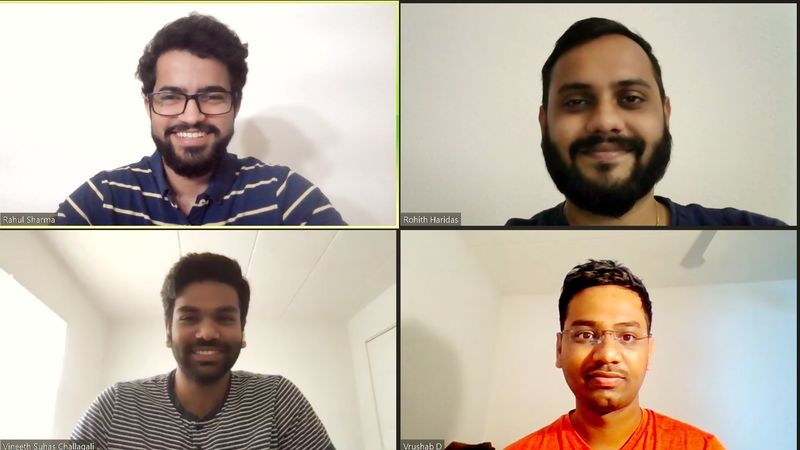 Image from a Zoom call among Vineeth Challagali, Vrushab Dharimane, Rohith Haridas, and Rahul Sharma