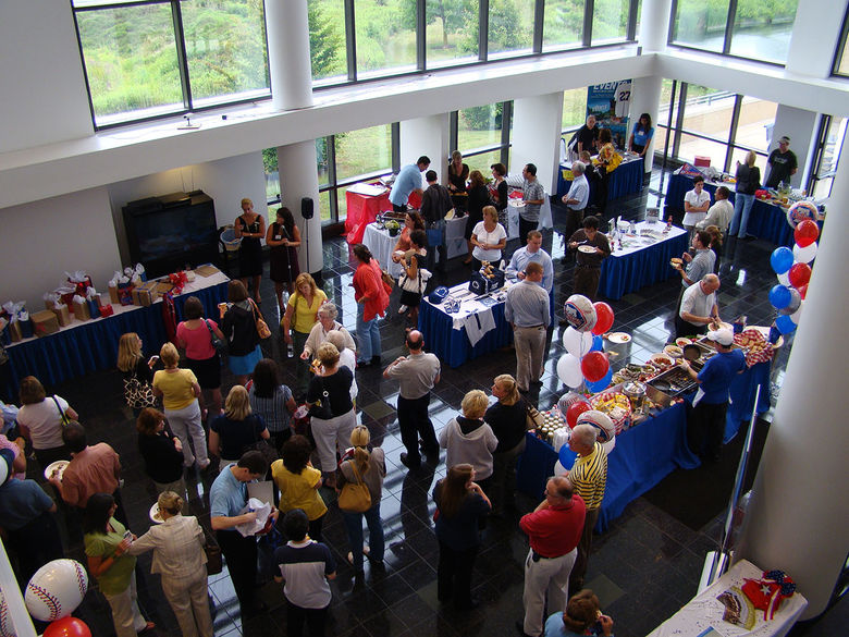 Overhead view of event attendees in Penn State Great Valley's conference center lobby