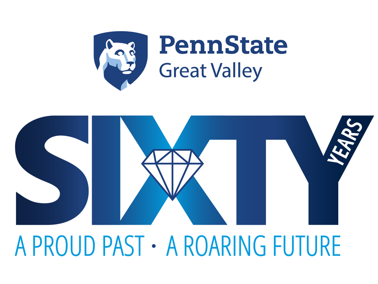 Logo for Penn State Great Valley sixty-year anniversary. A proud past. A roaring future.