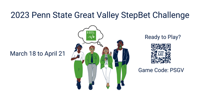 Graphic for the 2023 Penn State Great Valley StepBet Challenge. March 18 to April 21. Ready to play? Game code: PSGV.