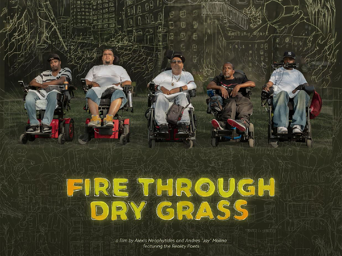 Fire Through Dry Grass promotional poster showing four men in assisted chairs