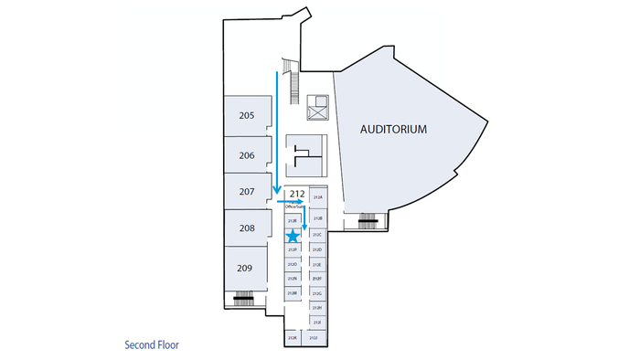 A map of the Conference Center Building's second floor indicating that the Career Closet is in room 212Q