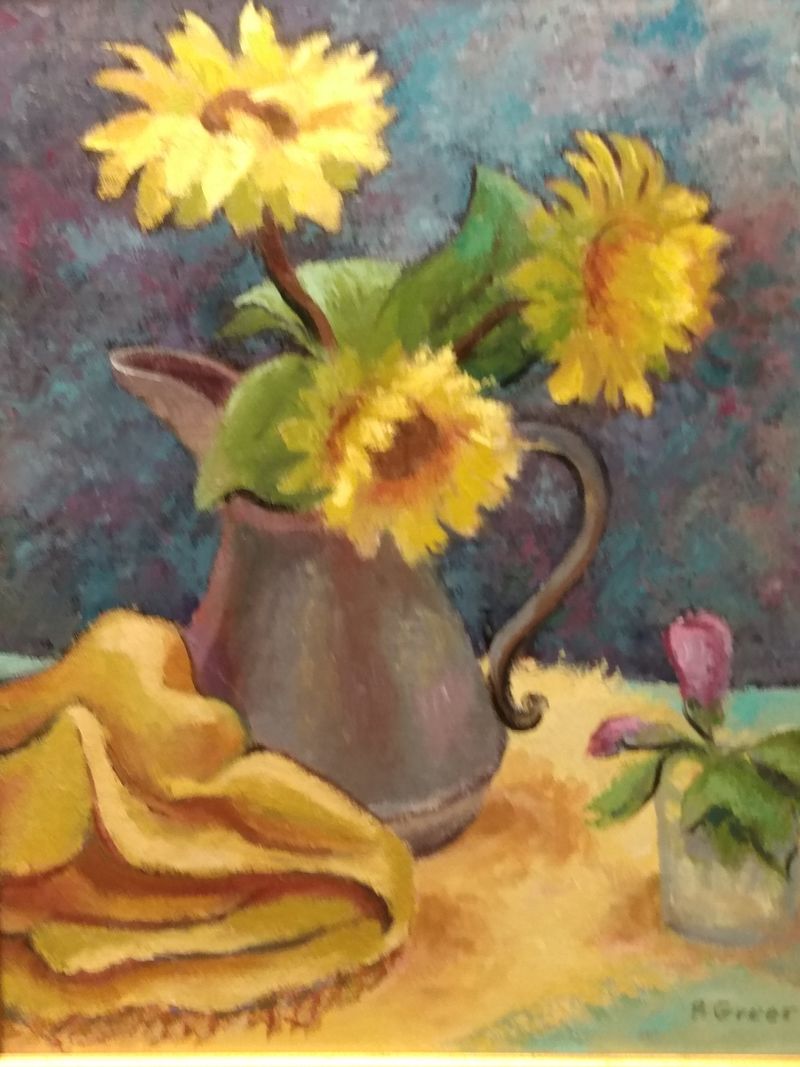 A painting of flowers in a pitcher