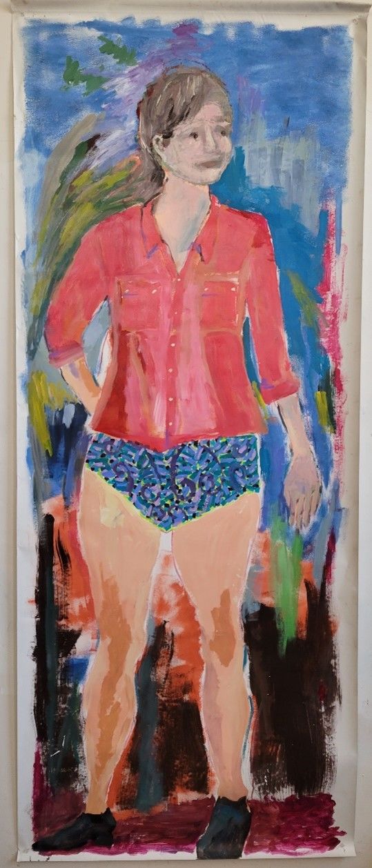 A painting of a person in blue shorts and a red button down top