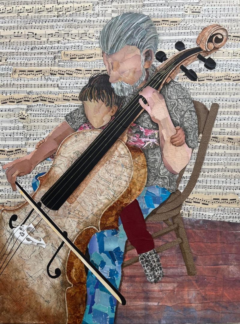 Artwork of an older man teaching a child to play a cello