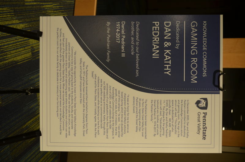 Poster announcing the dedication of the gaming room in honor of Daniel Pedriani III