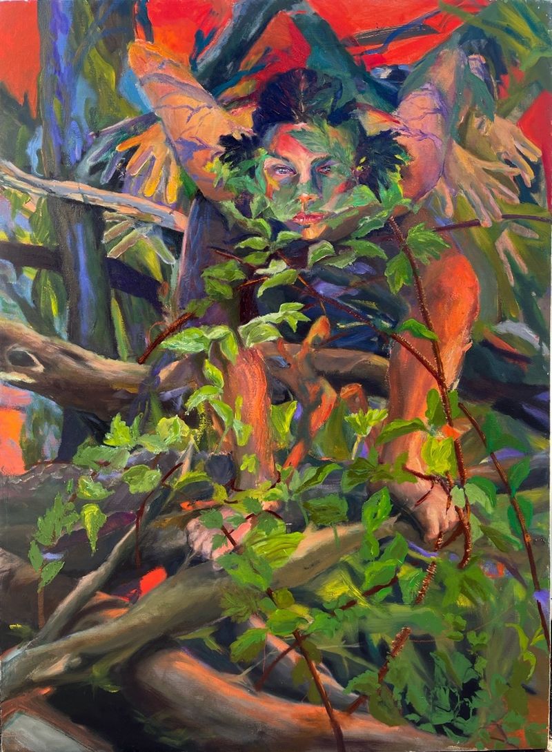 A painting of a person emerging from a tree