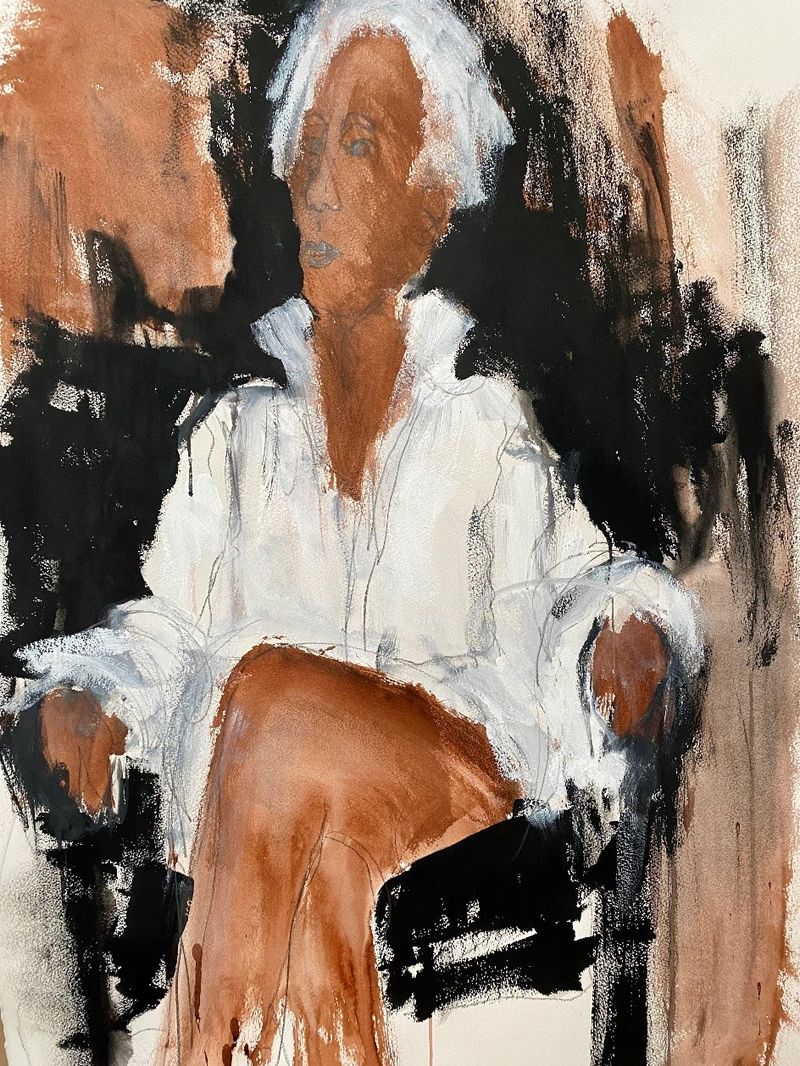 A painting of a person in a white shirt sitting in a black chair while looking away