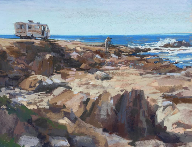 A pastel painting of a rocky beach