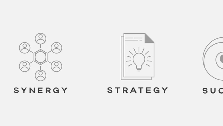 Graphics saying synergy, strategy, success