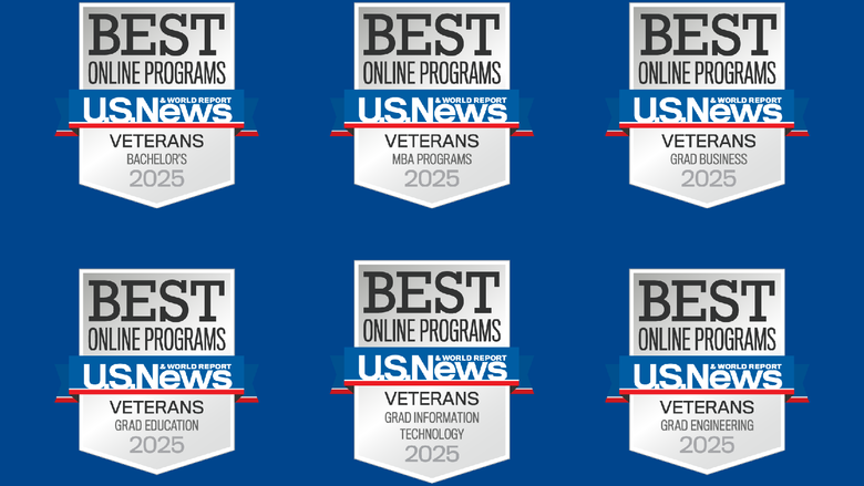 The U.S. News shields for the categories of bachelor's, grad MBA, education, grad business, grad engineering and grad information/technology.