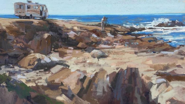 A pastel painting of a rocky beach