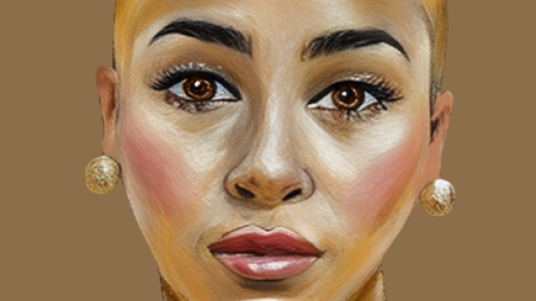 A pastel drawing of a beautiful woman with earrings and makeup and without hair 