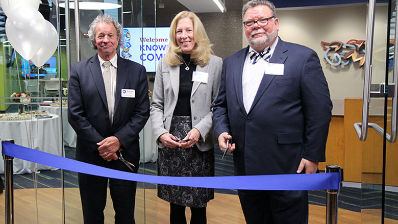 James Nemes, Mary Massung, and Joe Henry before cutting the ribbon to officially open the Knowledge Commons