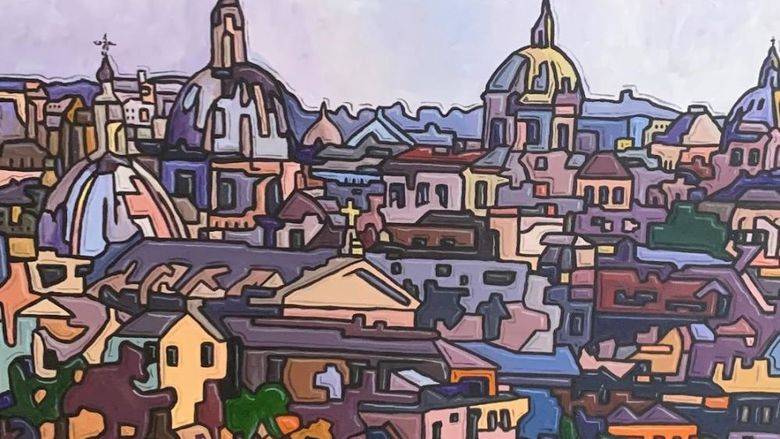 Colorful painting of a cityscape that is part of the Delaware Valley Art League exhibit