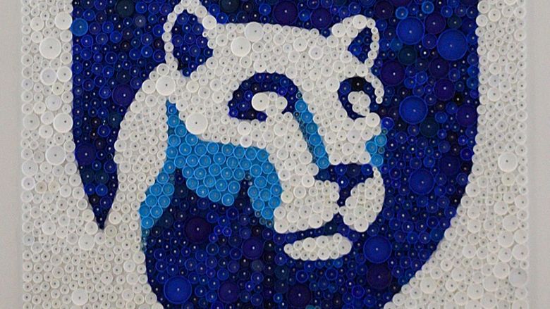 A mural of the Nittany Lion made from plastic bottle caps