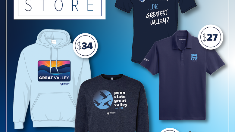 Crew neck sweatshirt, hoodie, T-shirt, and hat with Penn State Great Valley logos