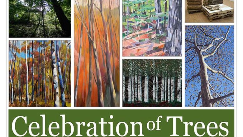 Seven pieces of artwork displaying trees with the words "celebration of trees" underneath