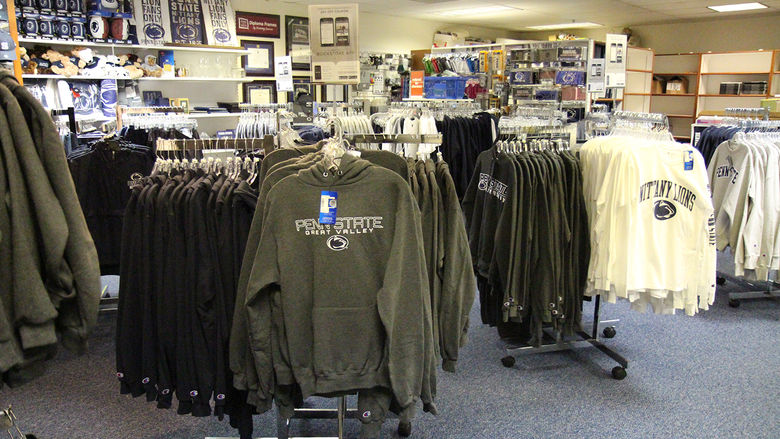 Books and Penn State clothing displayed at the Great Valley bookstore