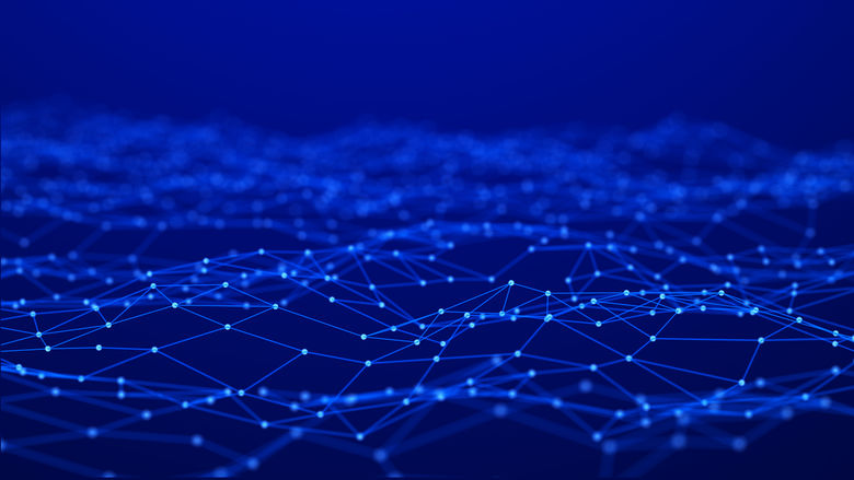 Digital background. Abstract wave with connected dots and lines on dark background. 