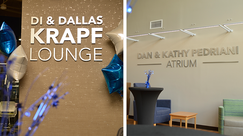 On the left, the sign for the Di & Dallas Krapf Lounge. On the right, the sign for the Dan & Kathy Pedriani Atrium