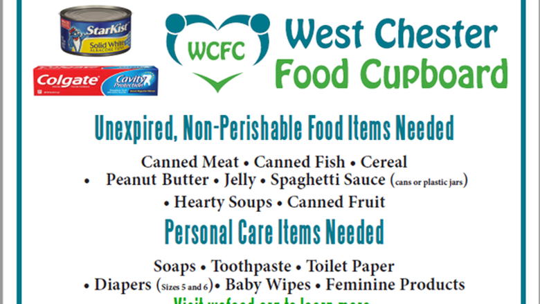 We're having a food drive! to benefit the West Chester food cupboard. Unexpired, non-perishable food items needed. Canned meat, canned fish, cereal, peanut butter, jelly, spaghetti sauce (cans or plastic jars), hearty soups, canned fruit. Personal care items needed. Soaps, toothpaste, toilet paper, diapers (sizes 5 and 6), baby wipes, feminine products. Visit wcfood.org to learn more. Hosted by: CCC/CFW/DAC and the Penn State Great Valley Alumni Society. October 25 through November 19, 2021. Collection bins