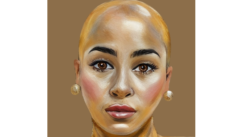 A portrait of a woman with alopecia that is part of the "Rooted in Resilience" art exhibit