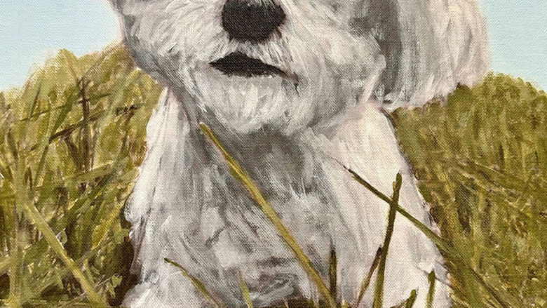 Painting of dog in a field of grass