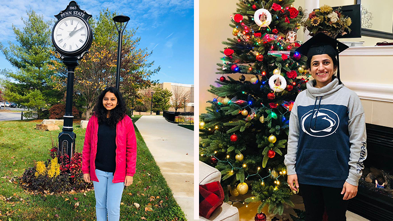 On the left, a female student stands in front of the clock at Penn State Great Valley. On the right, another female student wearing a Penn State sweatshirt and a graduation cap stands in front of a Christmas tree