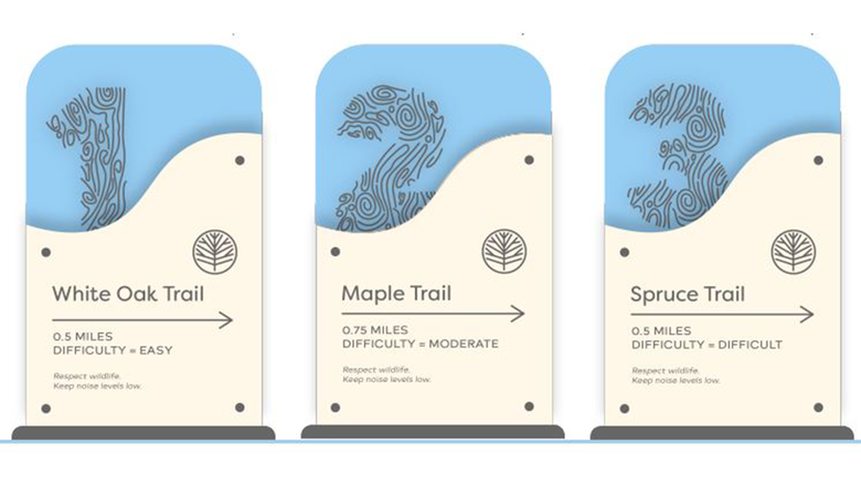 Three trail marker signs for a wooded preserve tell visitors how long and how difficult each trail is