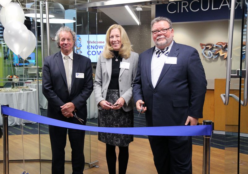 James Nemes, Mary Massung, and Joe Henry before cutting the ribbon to officially open the Knowledge Commons