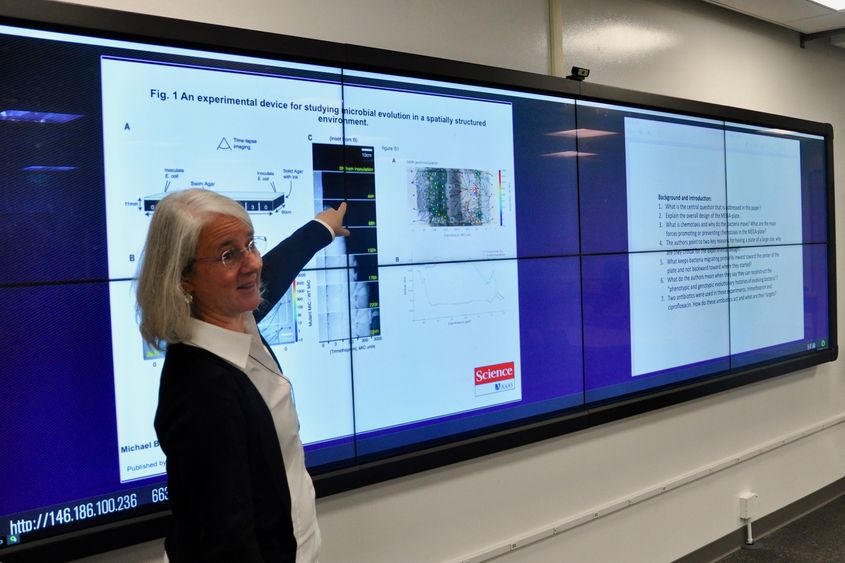 Sarah Ades, associate professor in the department of biochemistry and molecular biology, using Solstice’s ability to display images side-by-side to spark classroom discussion