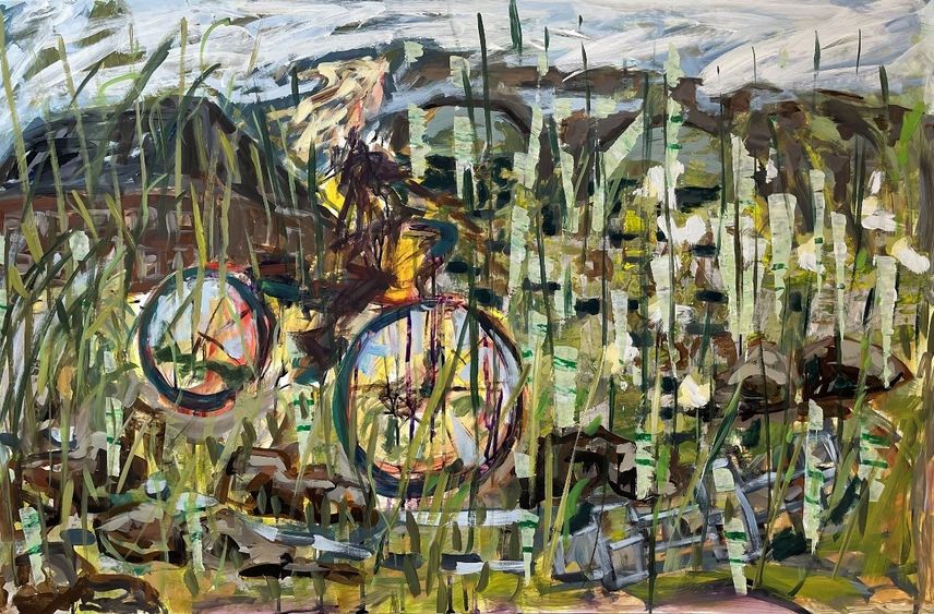 An abstract painting of a person riding a bicycle through nature