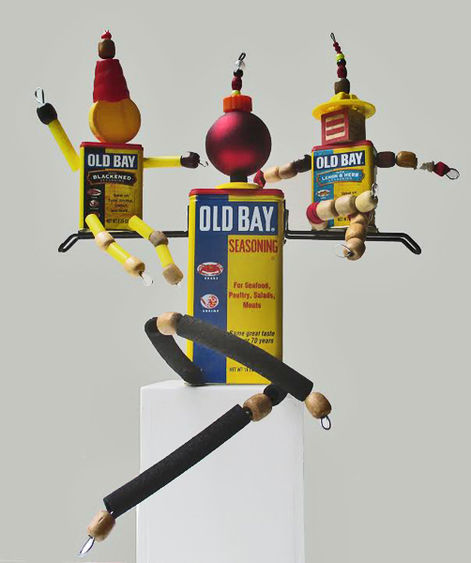 A sculpture made of Old Bay tins