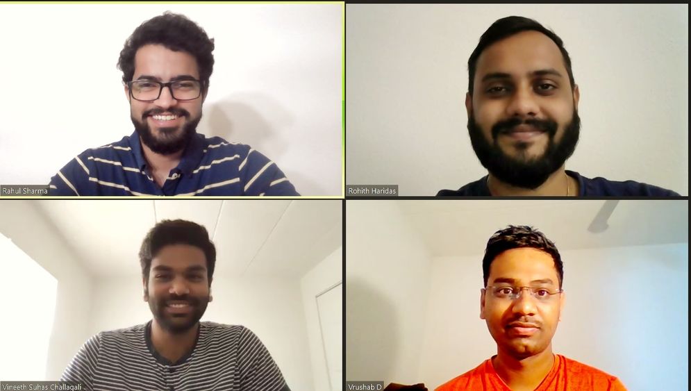 Image from a Zoom call among Vineeth Challagali, Vrushab Dharimane, Rohith Haridas, and Rahul Sharma