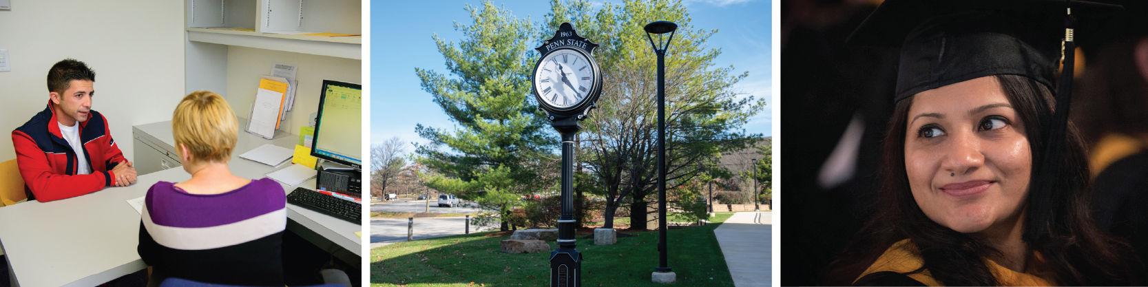 Collage of campus photos: A man sitting at a table talking to a woman, the outdoor campus clock in front of trees, and a woman smiling at commencement.